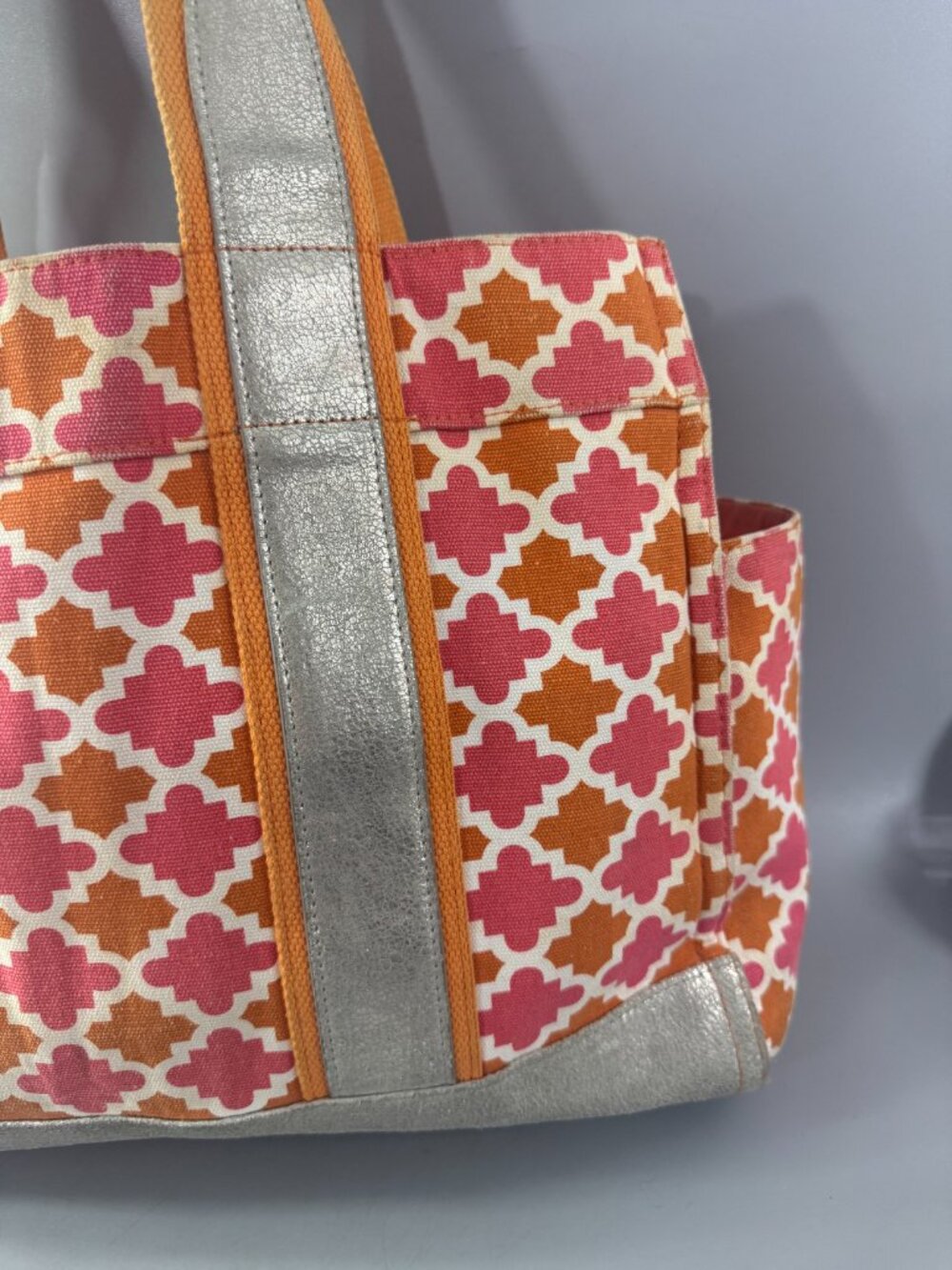 Tory Burch Orange/Pink Canvas w/Silver-tone Distressed Leather Large Tote Bag - Picture 8 of 15